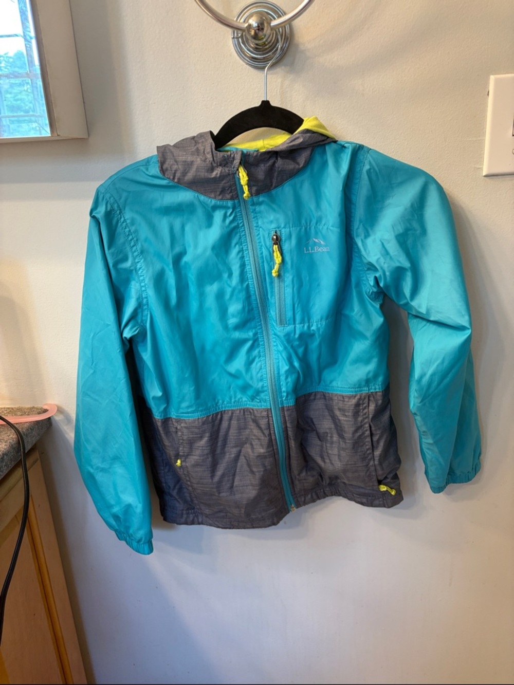 L.L. Bean Teal and Gray Hooded Windbreaker with Yellow Accents